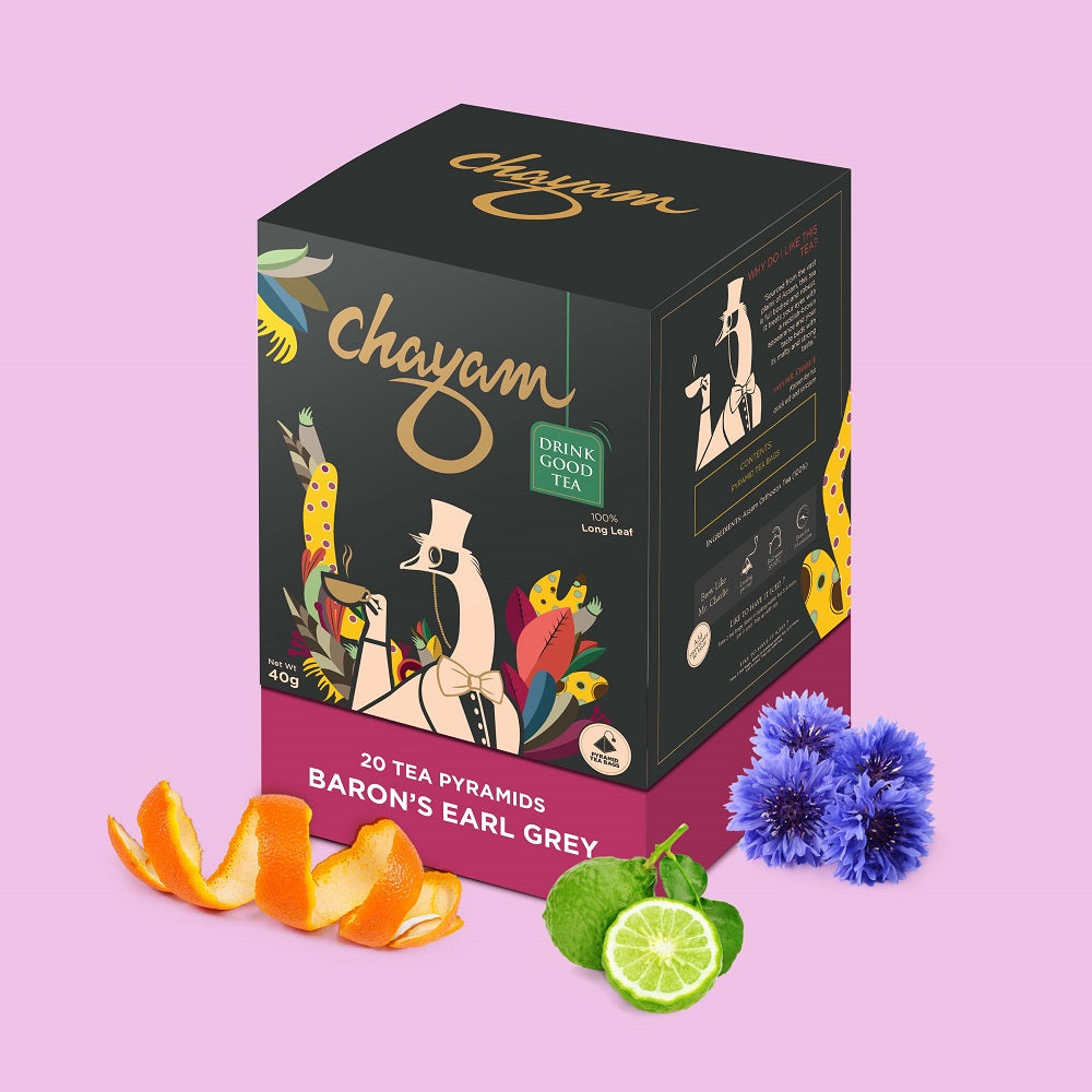 CHAYAM Baron's Earl Grey Black Tea with Citrusy Orange Peel & Blue Corn Flower