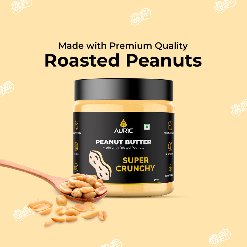 Auric Peanut Butter Crunchy | High Protein Plant Based Peanut Butter | Roasted Peanuts | Gluten and Lactose-free | 340 gm