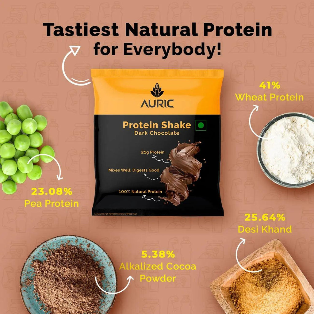 Auric Vegan Protein Powder for Men & Women| Dark Chocolate Flavor | 8 Sachet - DrinksDeli India