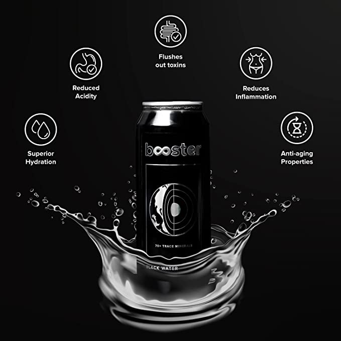 Booster Black Alkaline Drink | Superior Hydration With Infused Essential Minerals | 8+ pH Alkaline (500 ML Each Can) Better than Bottled Water & Mineral water | Pack of 12
