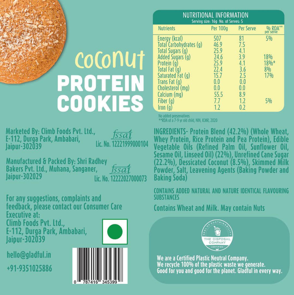 Gladful Coconut Protein Cookies  | Pack of 4 - DrinksDeli India