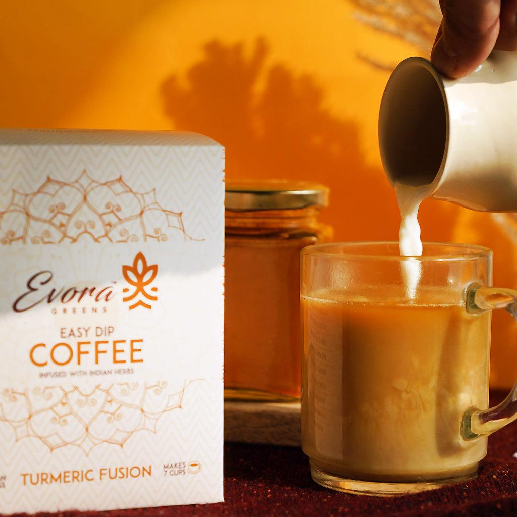 Evora Greens Turmeric Latte Easy Dip Coffee | 7 Bean Bags - DrinksDeli India