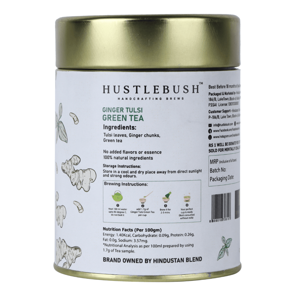 Hustlebush Ginger And Tulsi Green Tea Loose | 50gm - DrinksDeli India