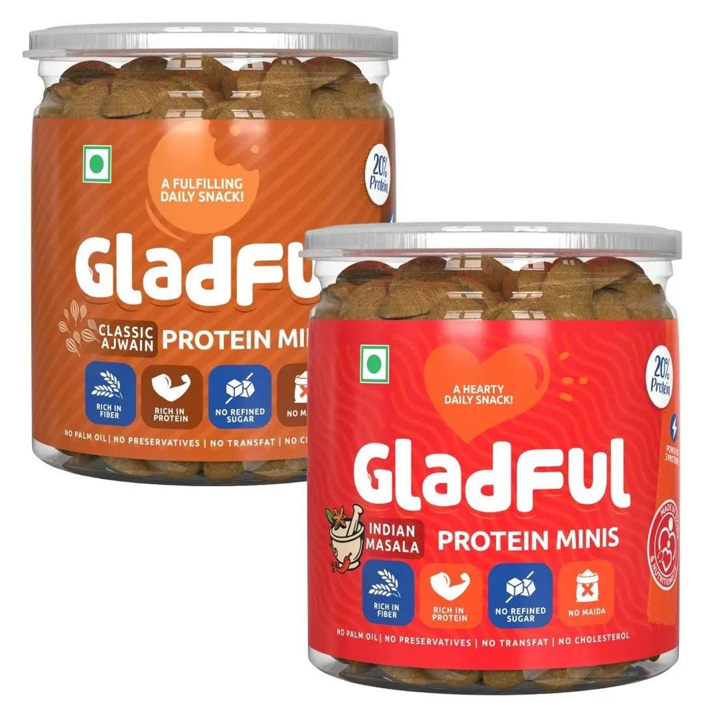 Gladful Savoury Protein Mini Cookies Biscuits | Indian Masala + Classic Ajwain| Pack of 2 - DrinksDeli India