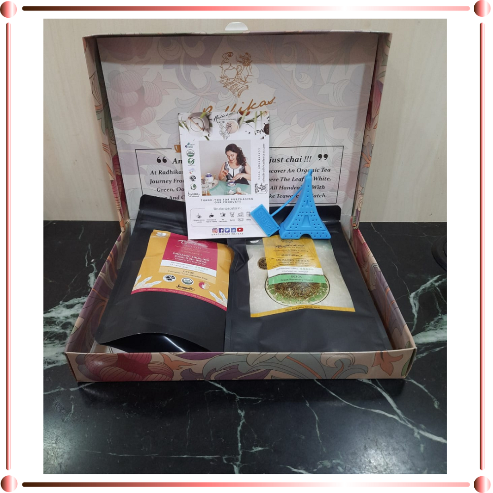 Radhikas Fine Teas Mithai Style Tea Box with Ziplocked Loose Teas with Infuser