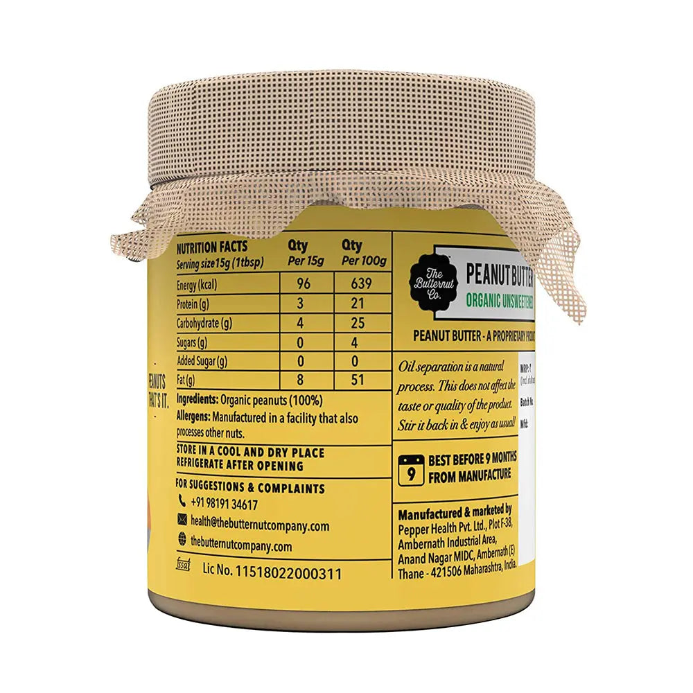 The Butternut Co. Organic Unsweetened Peanut Butter | Creamy | Select Pack Butternut Mou