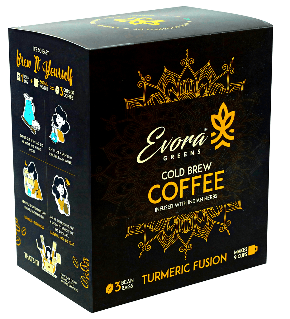 Evora Greens Turmeric Fusion Cold Brew Coffee | 3 Bean Bags - DrinksDeli India