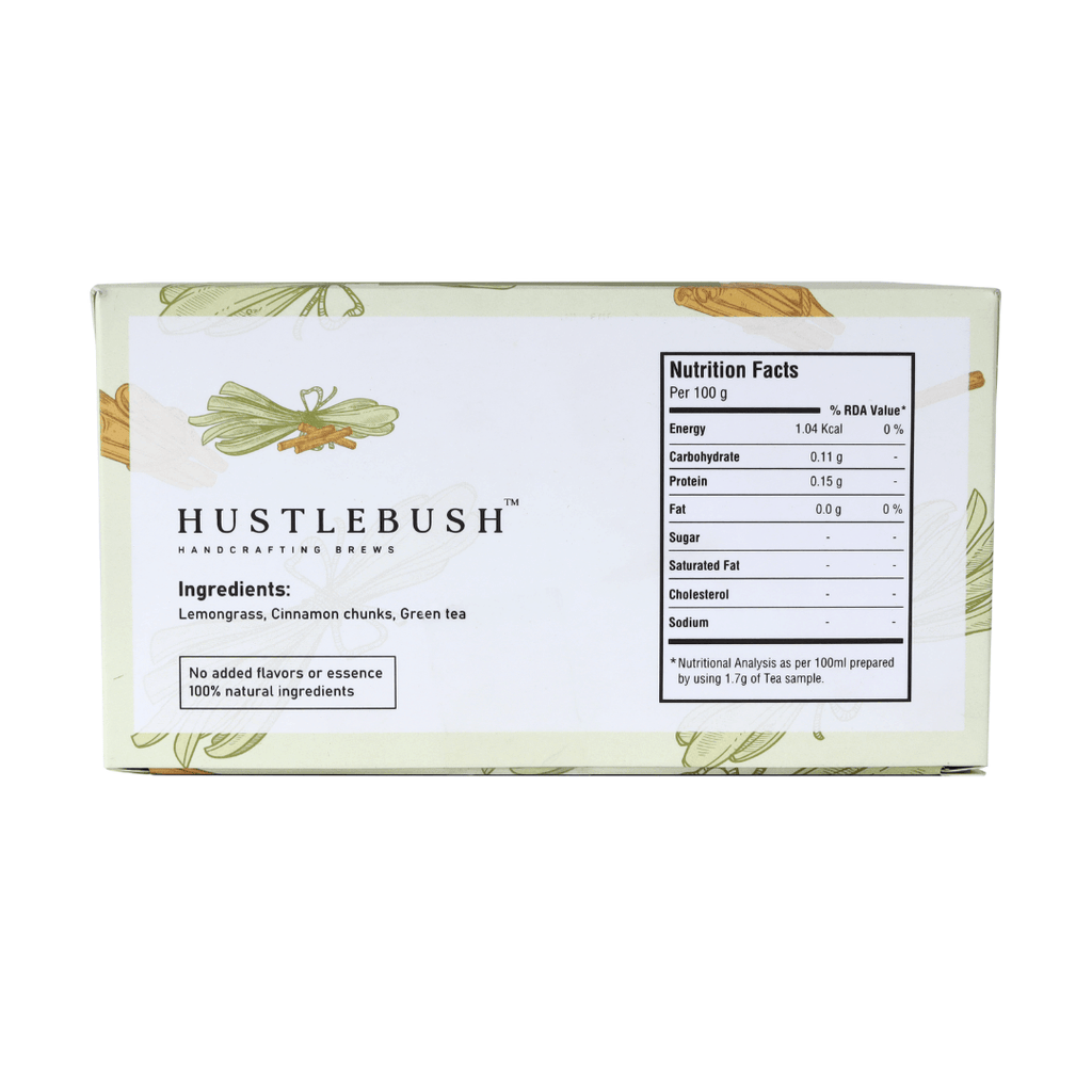 Hustlebush Lemongrass And Cinnamon Green Tea | Pack of 25 - DrinksDeli India